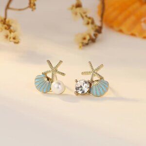 Blue Starfish & Shell Stud Women's Fashion Beach Themed Earrings set